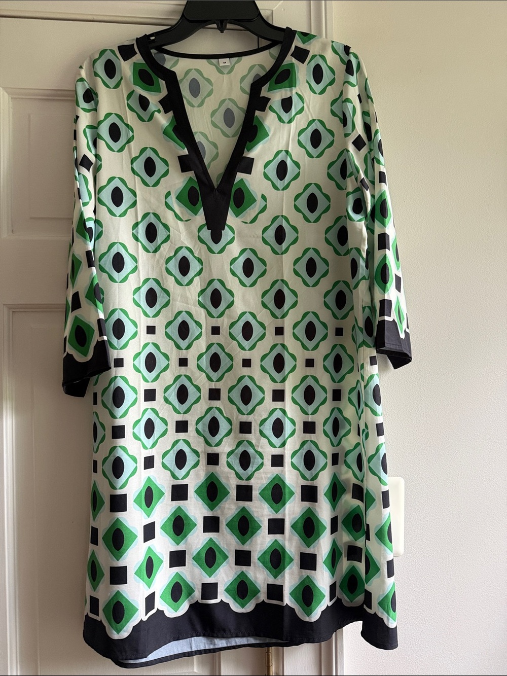 Green Geo-Print V-Neck Tunic Dress